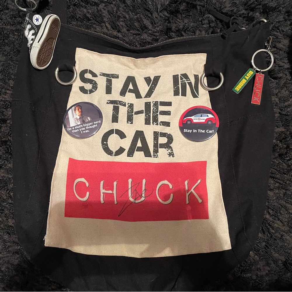 Chuck TV Show Zachary Levi Signed Stay in the Car Black Crossbody Bag Purse